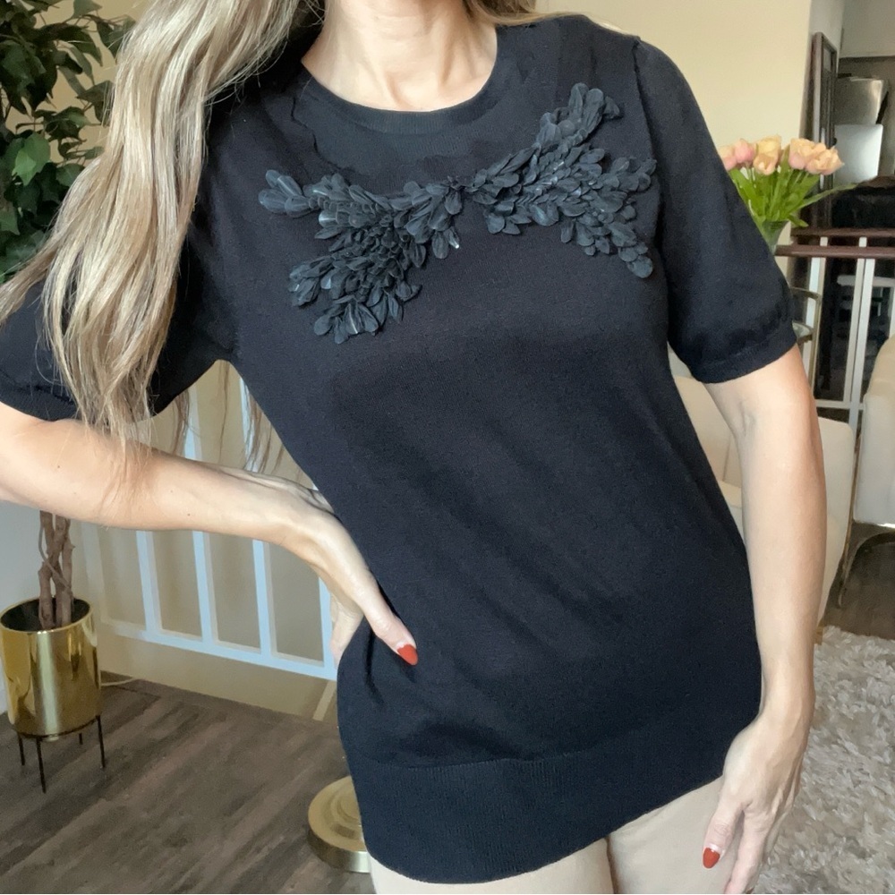 NWT Cable & Gauge Black Short Sleeve Bow Embellished Knit Top Holiday Party S